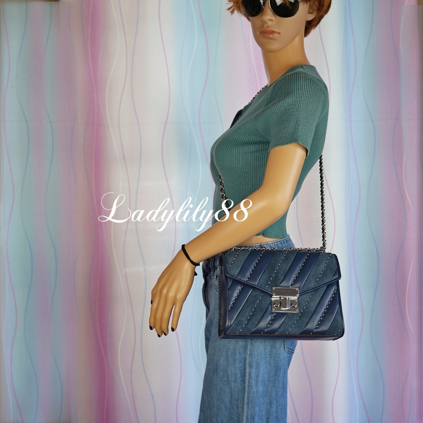 NWT Michael Kors Rose MD Navy Flap Shoulder Bag Crossbody Vegan Leather $528