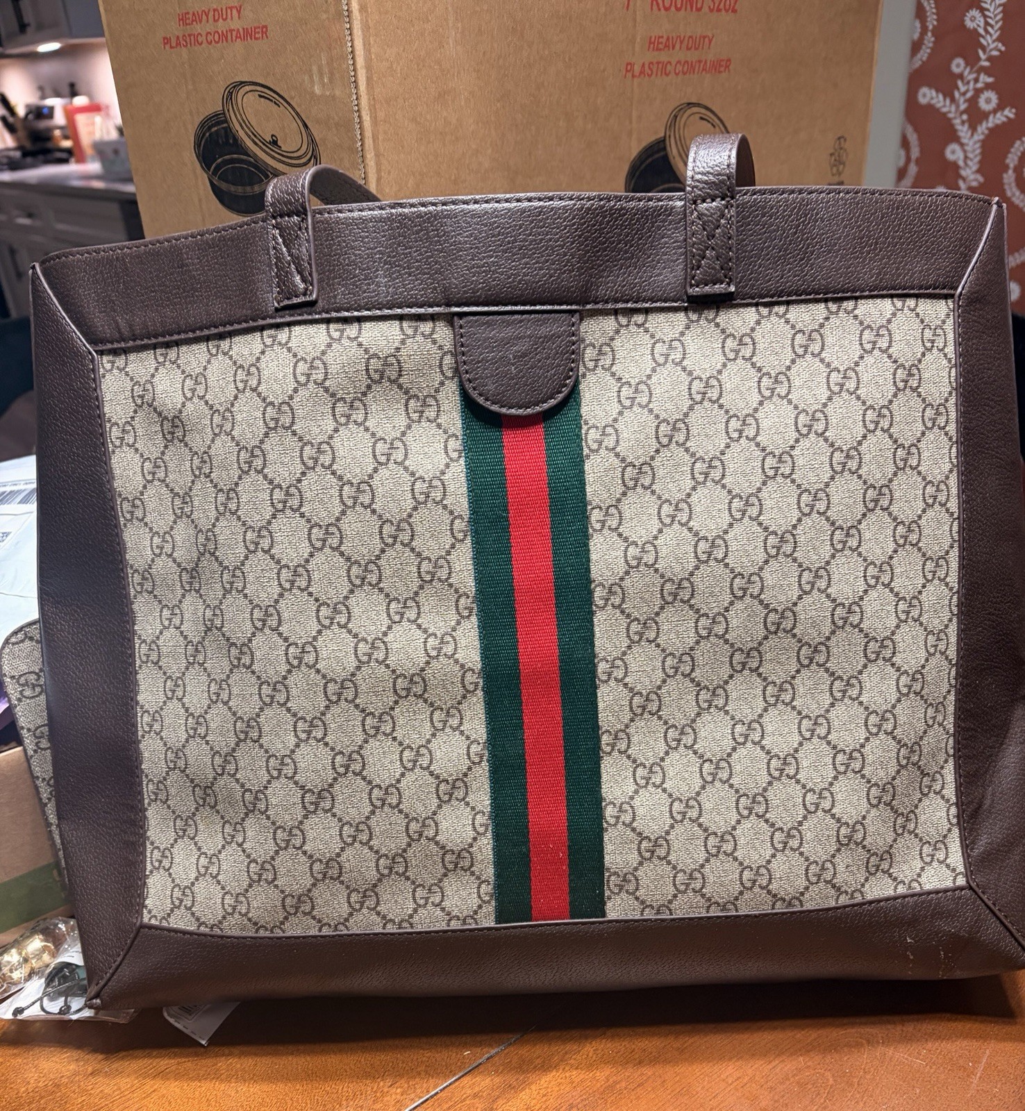 Beige/Brown Monogram Tote Bag Green-Red Web Stripe w/ Zip Pouch