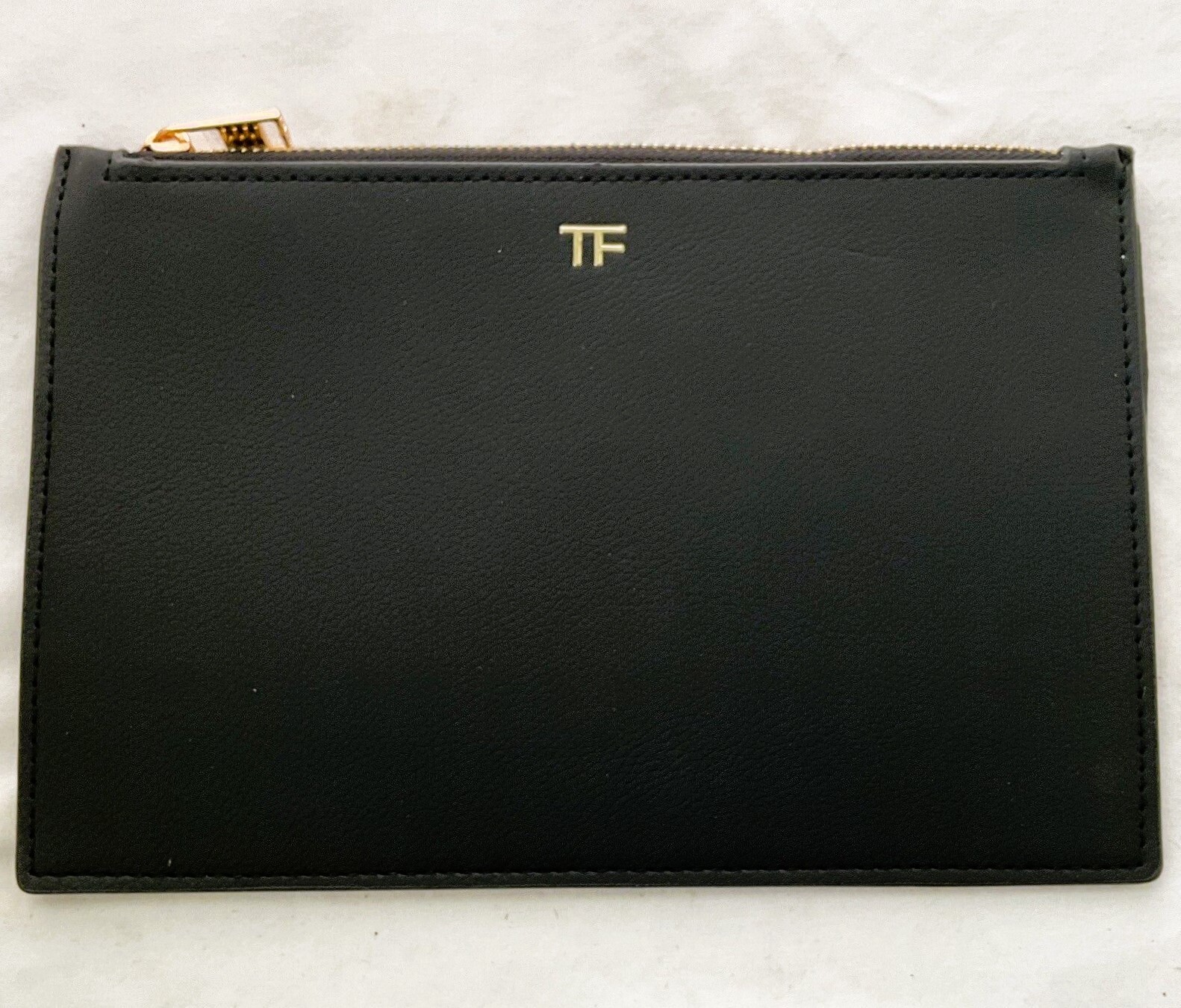 Tom Ford TF Black Faux Leather Flat Pouch Slim Clutch Cosmetic Bag Case NWT