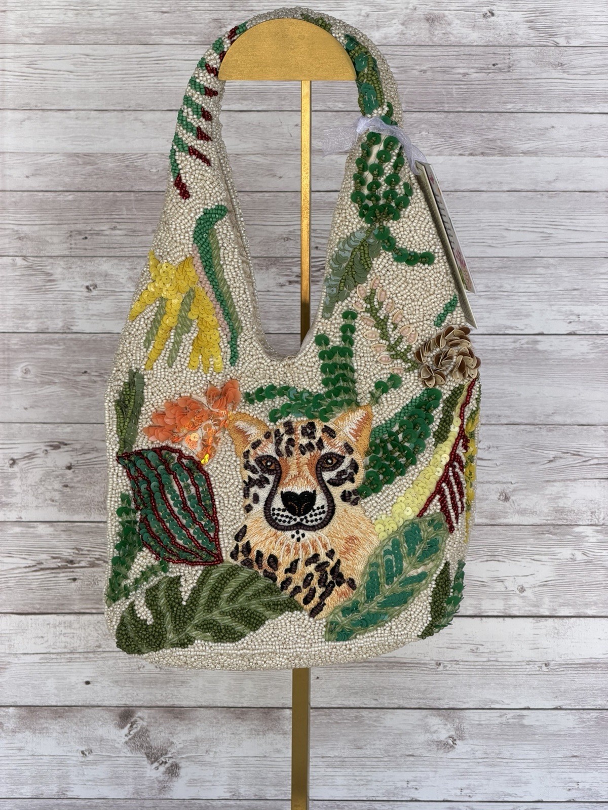 Handcrafted India Beaded Leopard Cheetah Jungle Hobo Shoulder Bag NWT