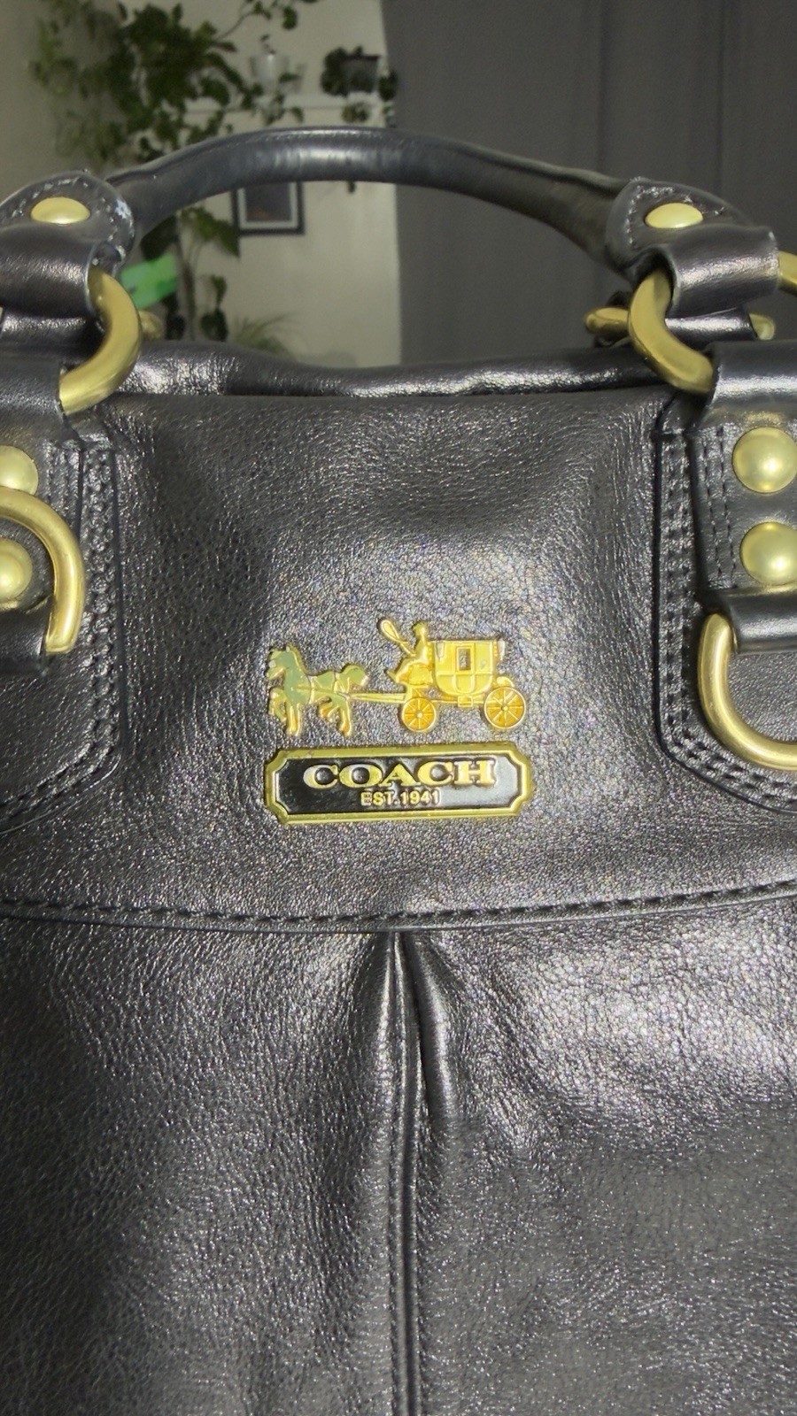 Vintage COACH Madison Julianne Black Leather Satchel Tote Bag 12935 Purple Line