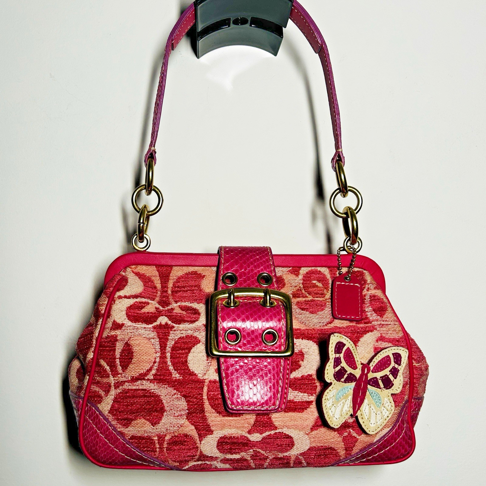 Rare Coach Vintage 8F50 Butterfly Framed Shoulder Bag Pink Chenille Python Trim