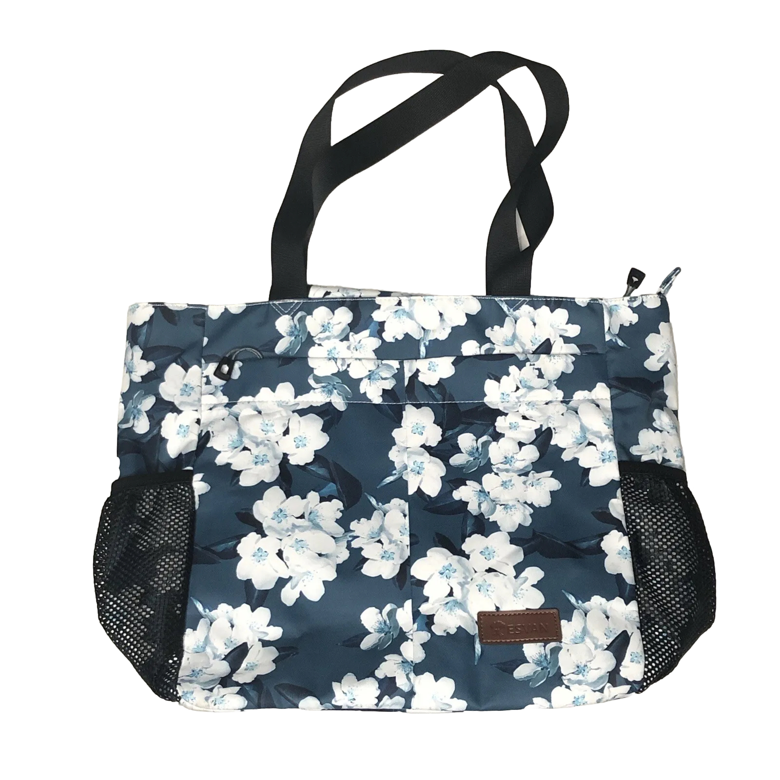 ESVAN Women’s Tote Bag Floral Blue, White Beach, Picnic Bag 18”