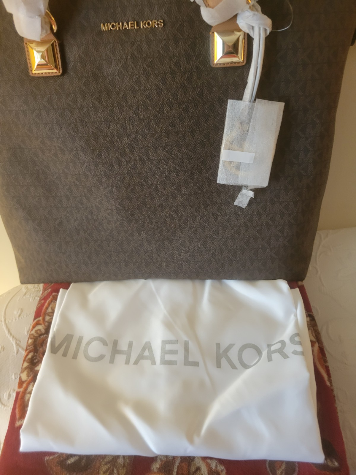 Michael Kors Karla Large MK Signature Brown Zip Tote Bag Gold Hardware Lined