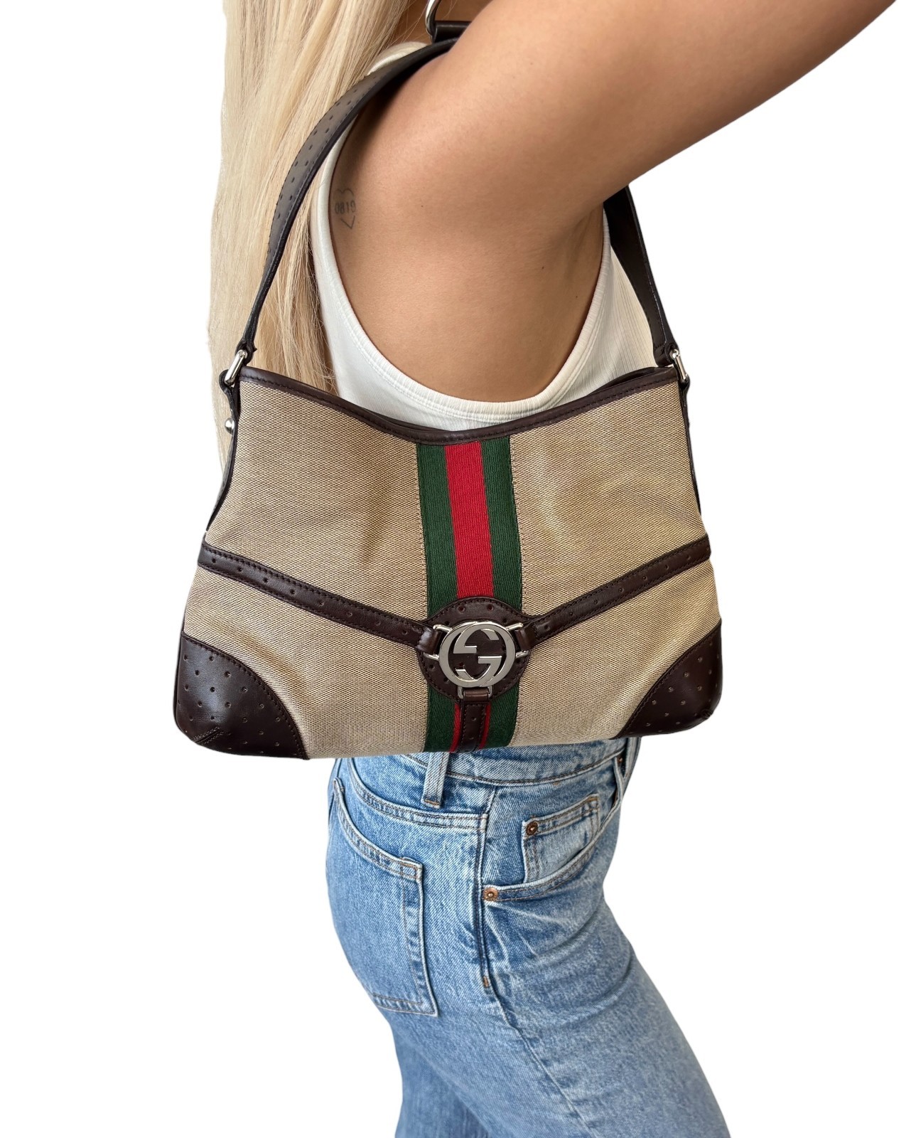 GUCCI Vintage GG Logo Interlocking Web Stripe Canvas Hobo Bag Brown 902209