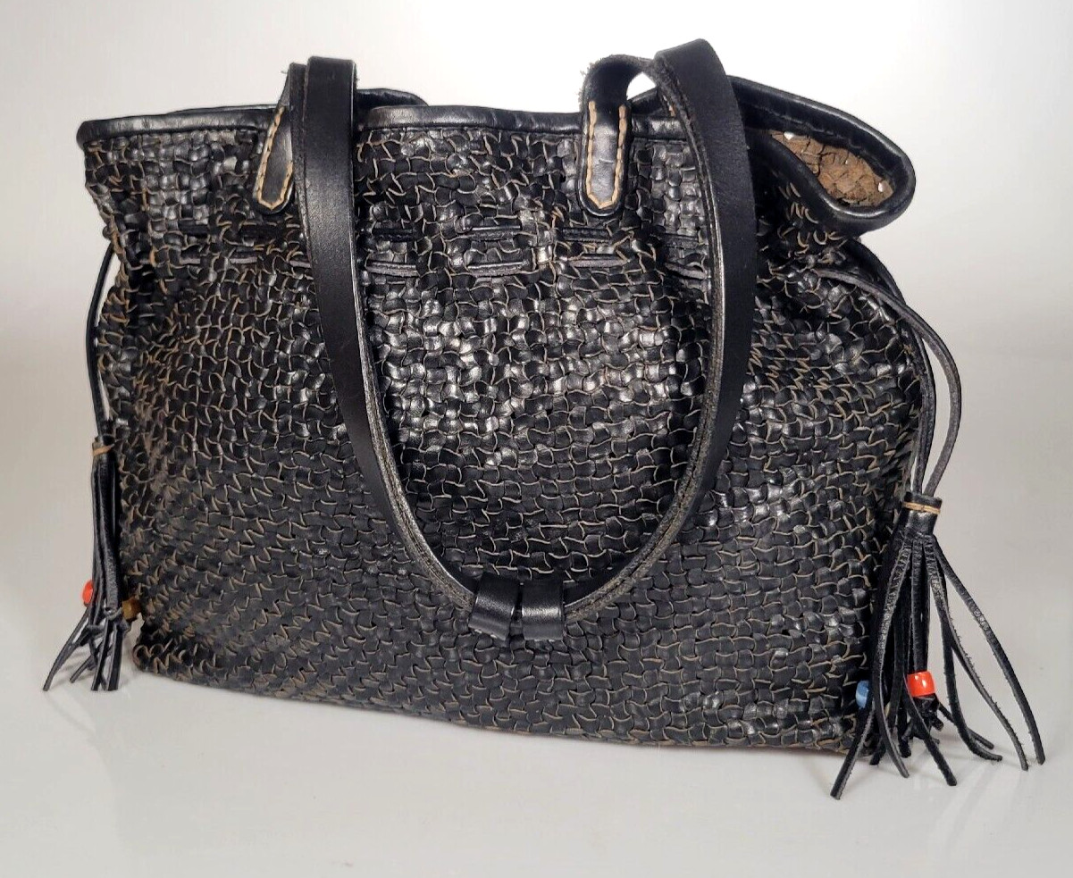 Henry Cuir Beguelin Black Woven Leather Tote Tassel Shoulder Bag Drawstrings EUC
