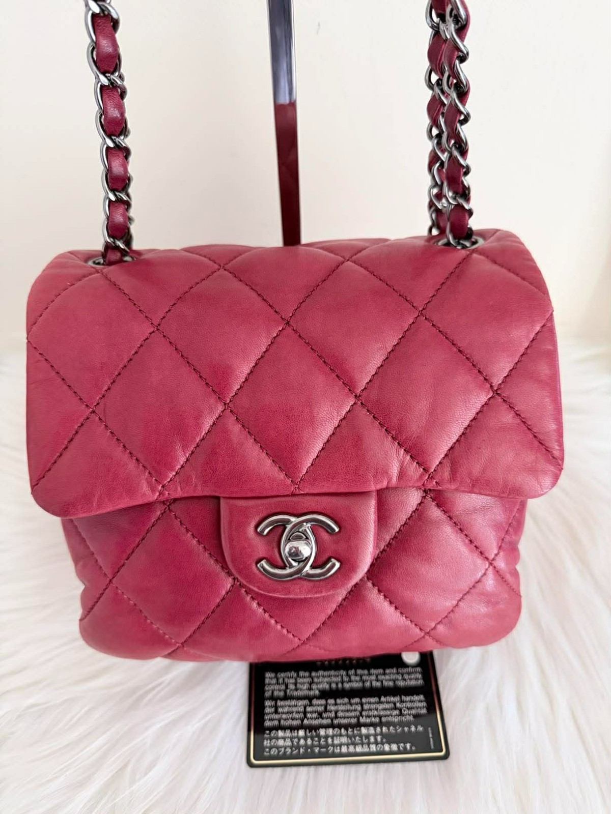 CHANEL Quilted Lambskin Mini Square Flap Bag Dark Pink Crossbody Authentic