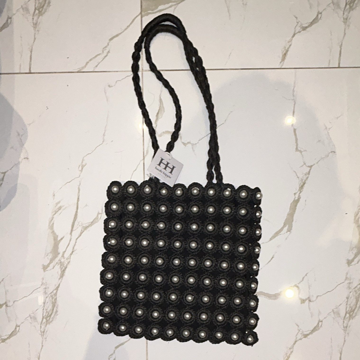 Women’s Black Beaded Shoulder Bag, Pearl Accents, Solid Rectangle Shape