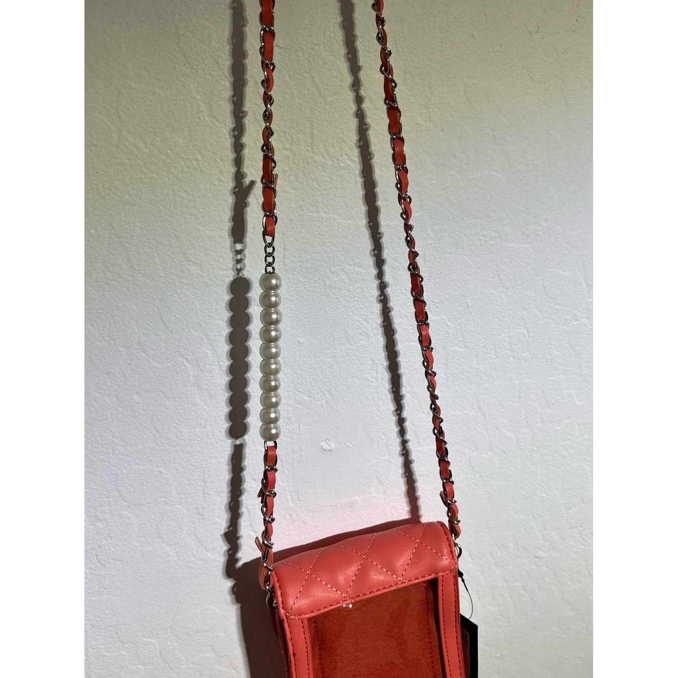 Badgley Mischka Coral Quilted Pearl Studded Phone Crossbody Bag NWT