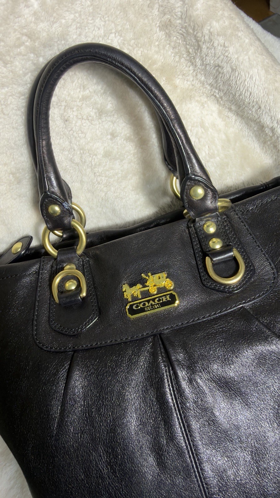 Vintage COACH Madison Julianne Black Leather Satchel Tote Bag 12935 Purple Line