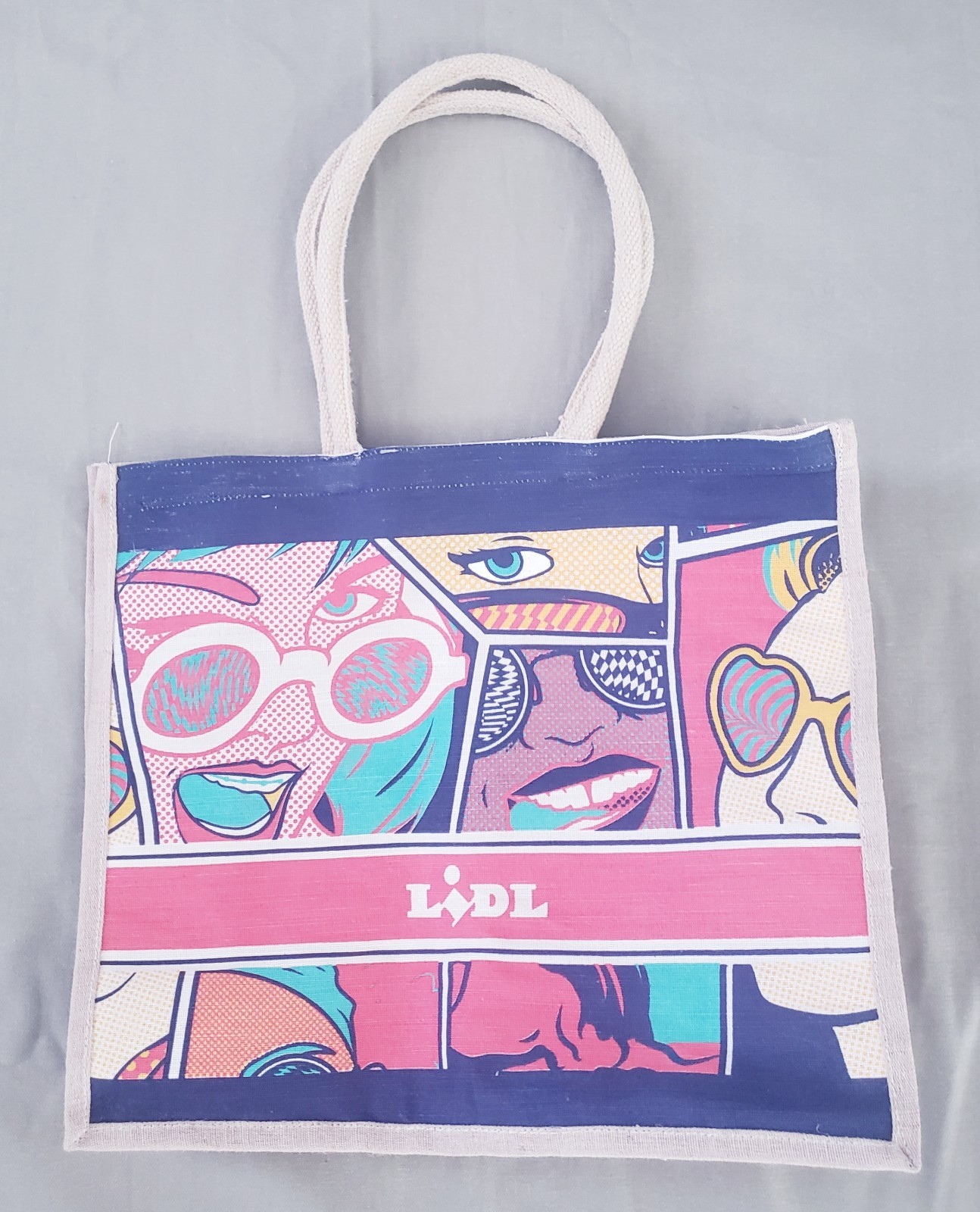 LIDL Pop Art Colorful Comic Tote Natural Jute Eco Beach Shopping Bag
