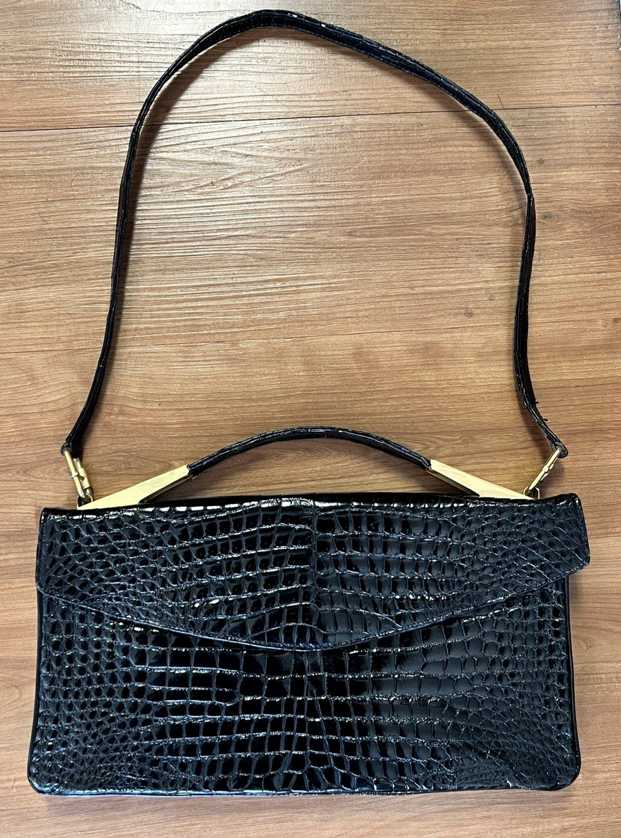 Vintage Black Crocodile Bag Shoulder brass top handle & shoulder strap Alligator