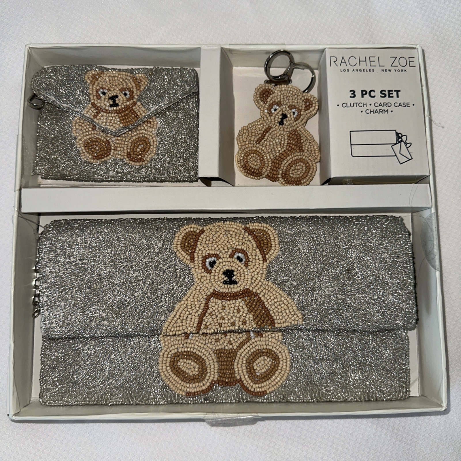 RACHEL ZOE Beaded Teddy Bear Clutch 3pc Set w/ Card Case & Charm Silver