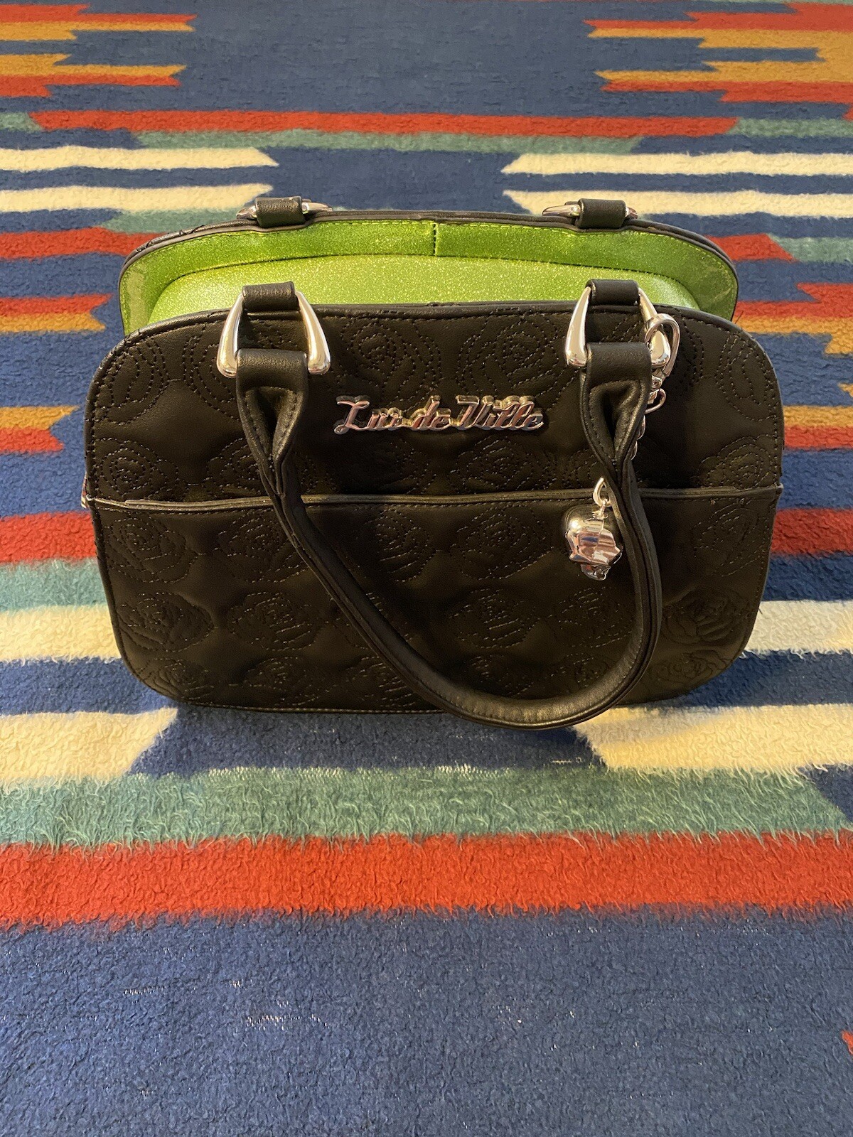 Lux De Ville Purse Tote Bag Skull and Roses Black Matte Emerald City Sparkle