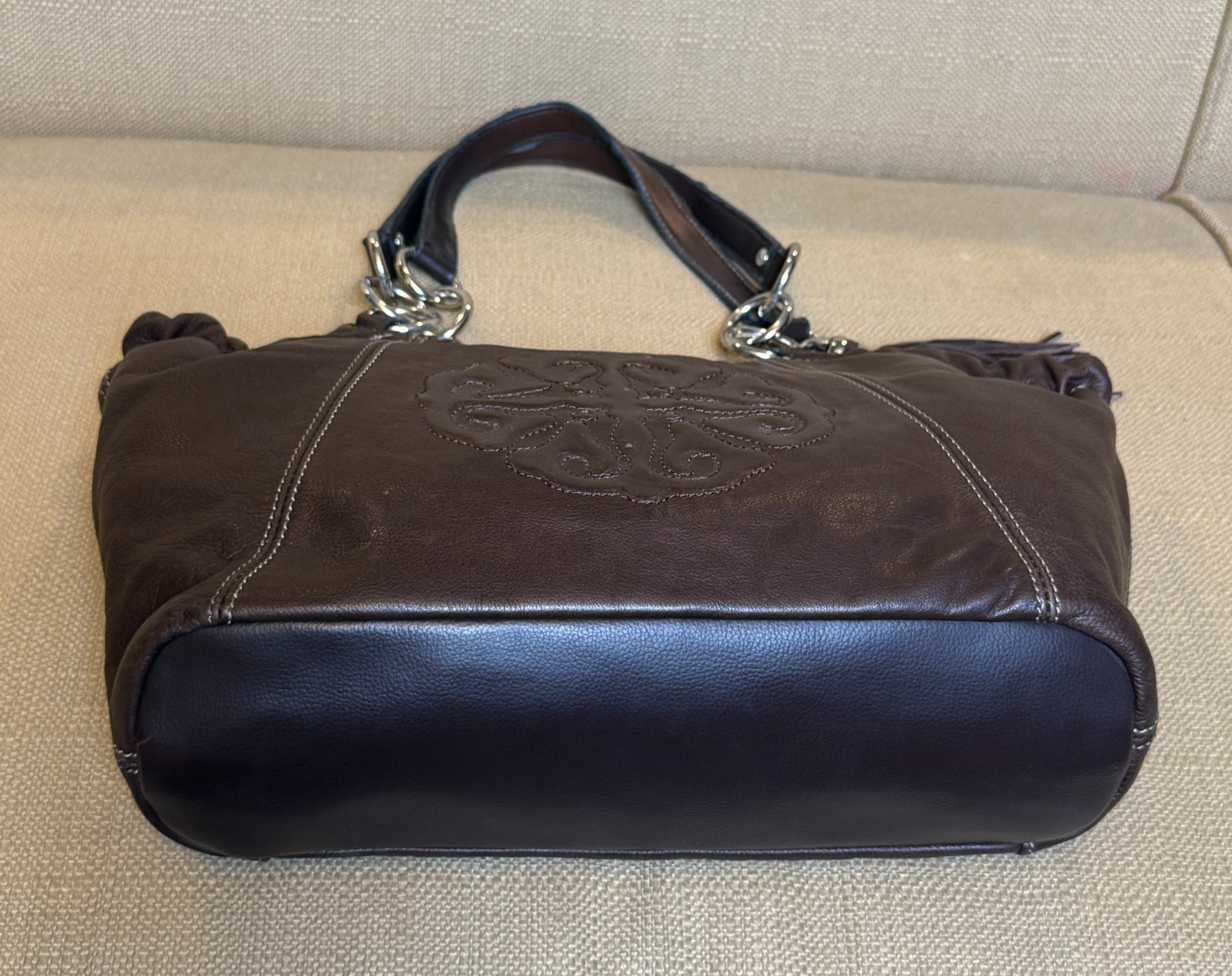Solina Brown Genuine Leather Hobo Shoulder Bag Satchel Embossed Scroll Emblem