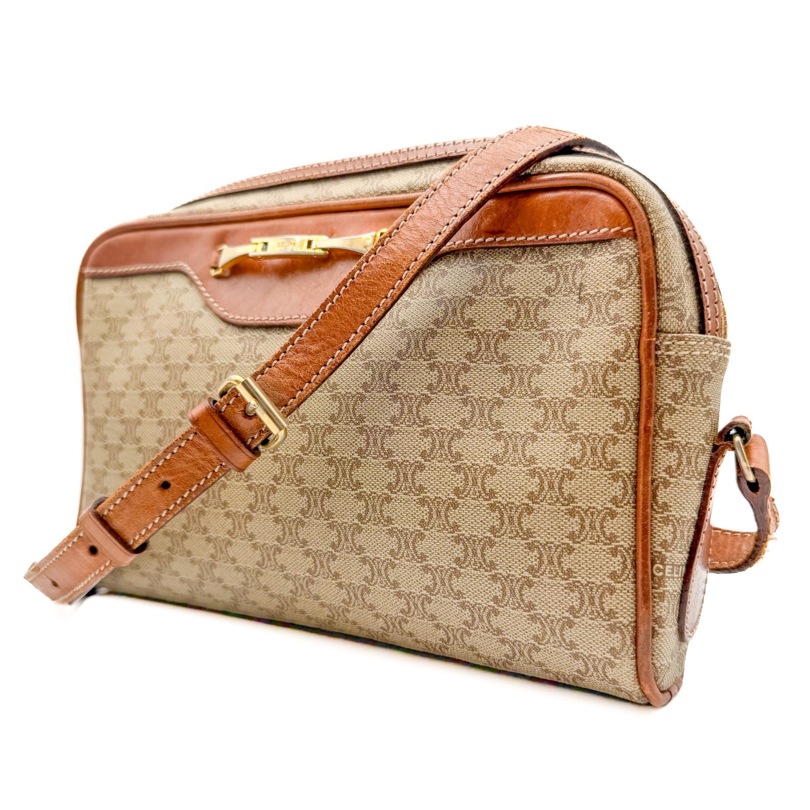 CELINE Macadam PVC Leather Shoulder Bag Beige Triomphe Vintage Authentic