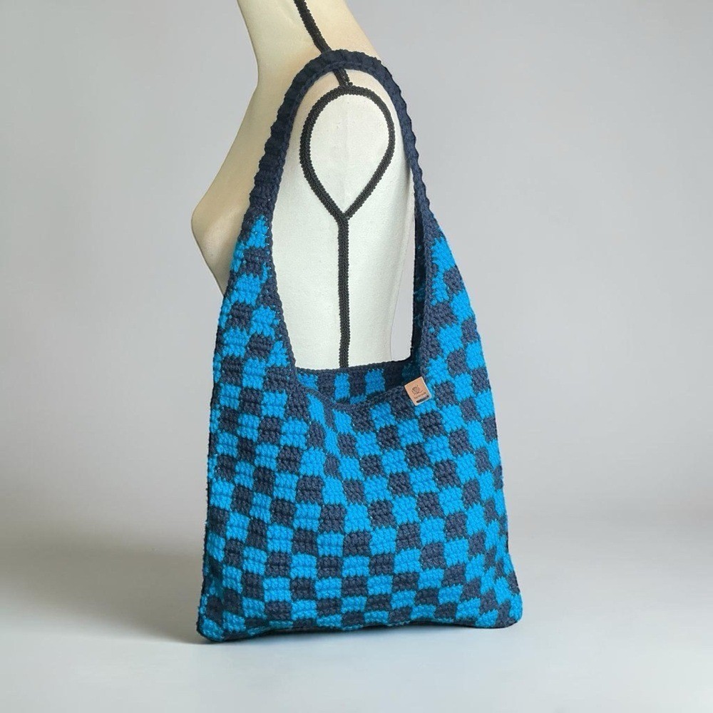 Handmade Navy & Sapphire Blue Checker Checkerboard Crochet Shoulder Tote Bag