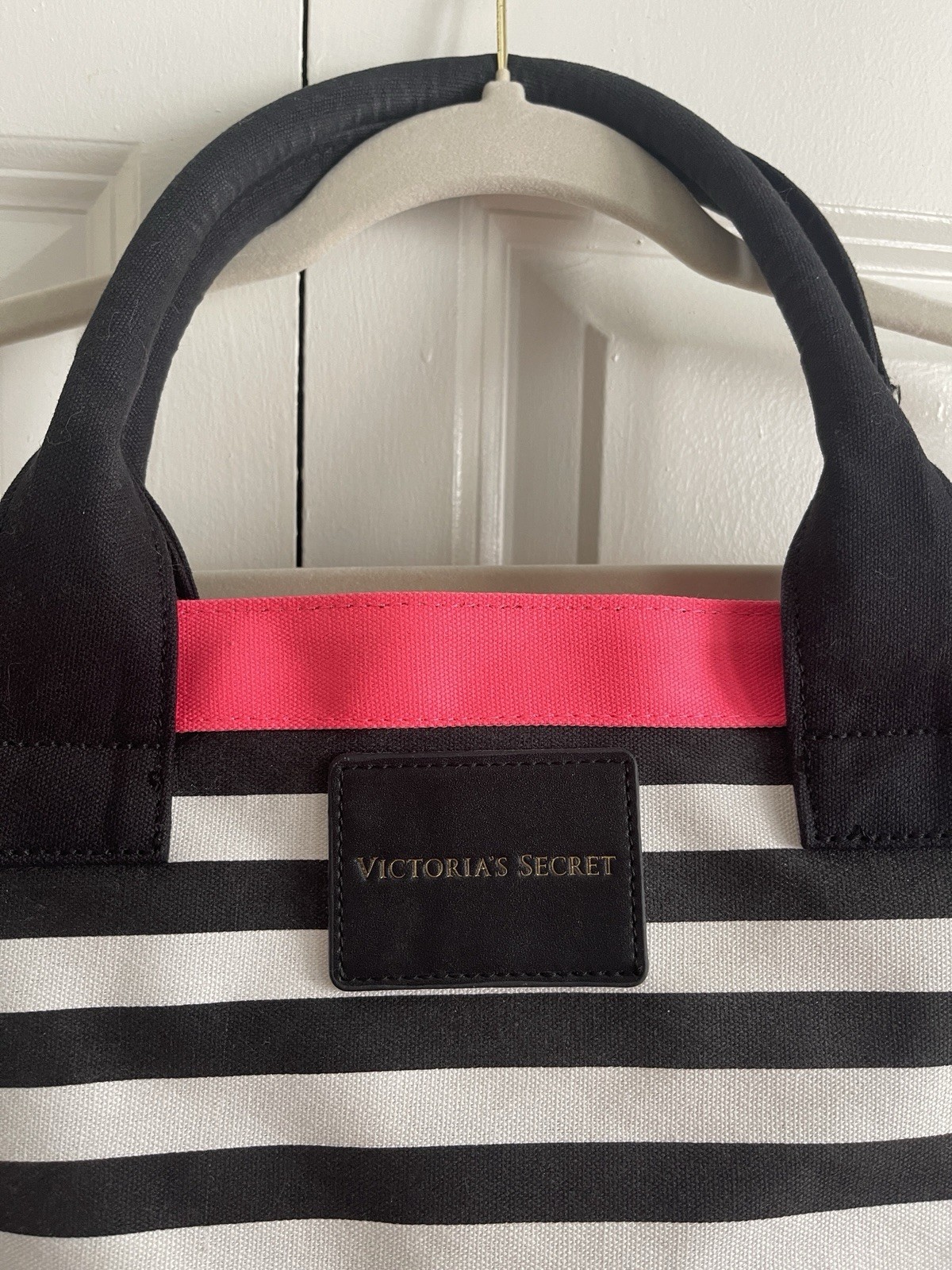 Victoria’s Secret Striped Tote Bag Black/White/Pink Large Zip Lined Pockets