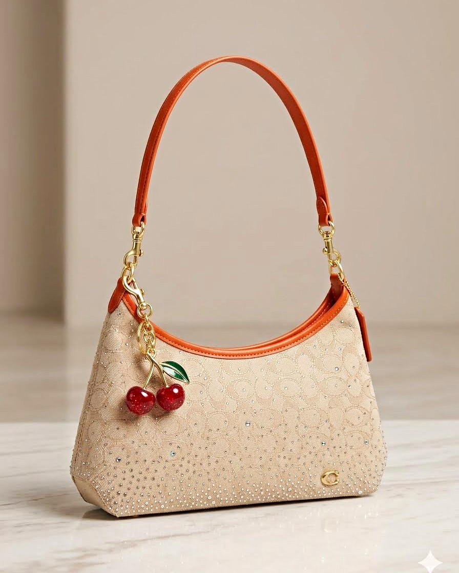 Coach Beige Signature Logo Crescent Shoulder Bag Orange Trim Gold Cherry Charm