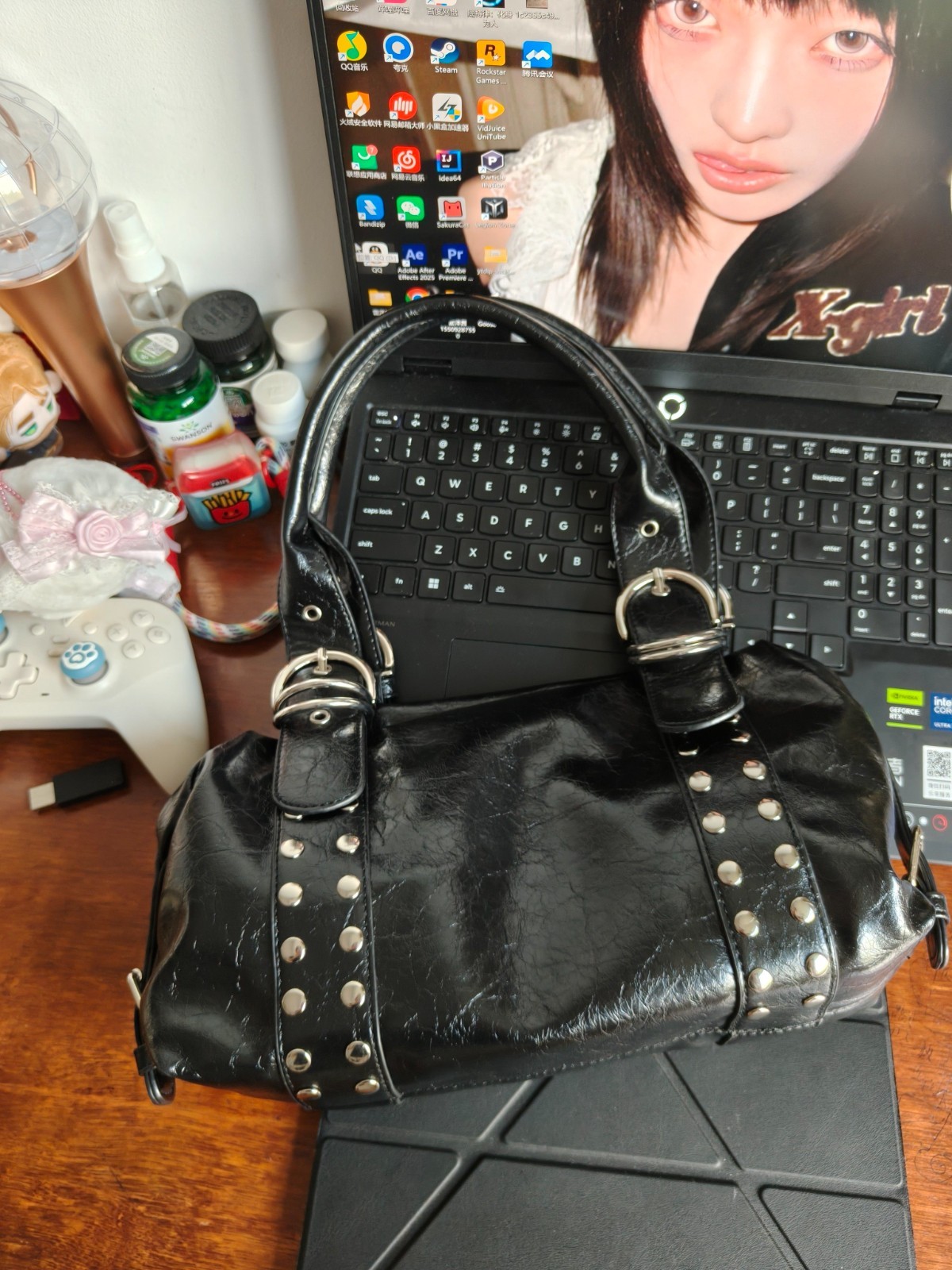 Y2K Grunge Studded Shoulder Bag | Black Glossy Faux Leather Biker Purse