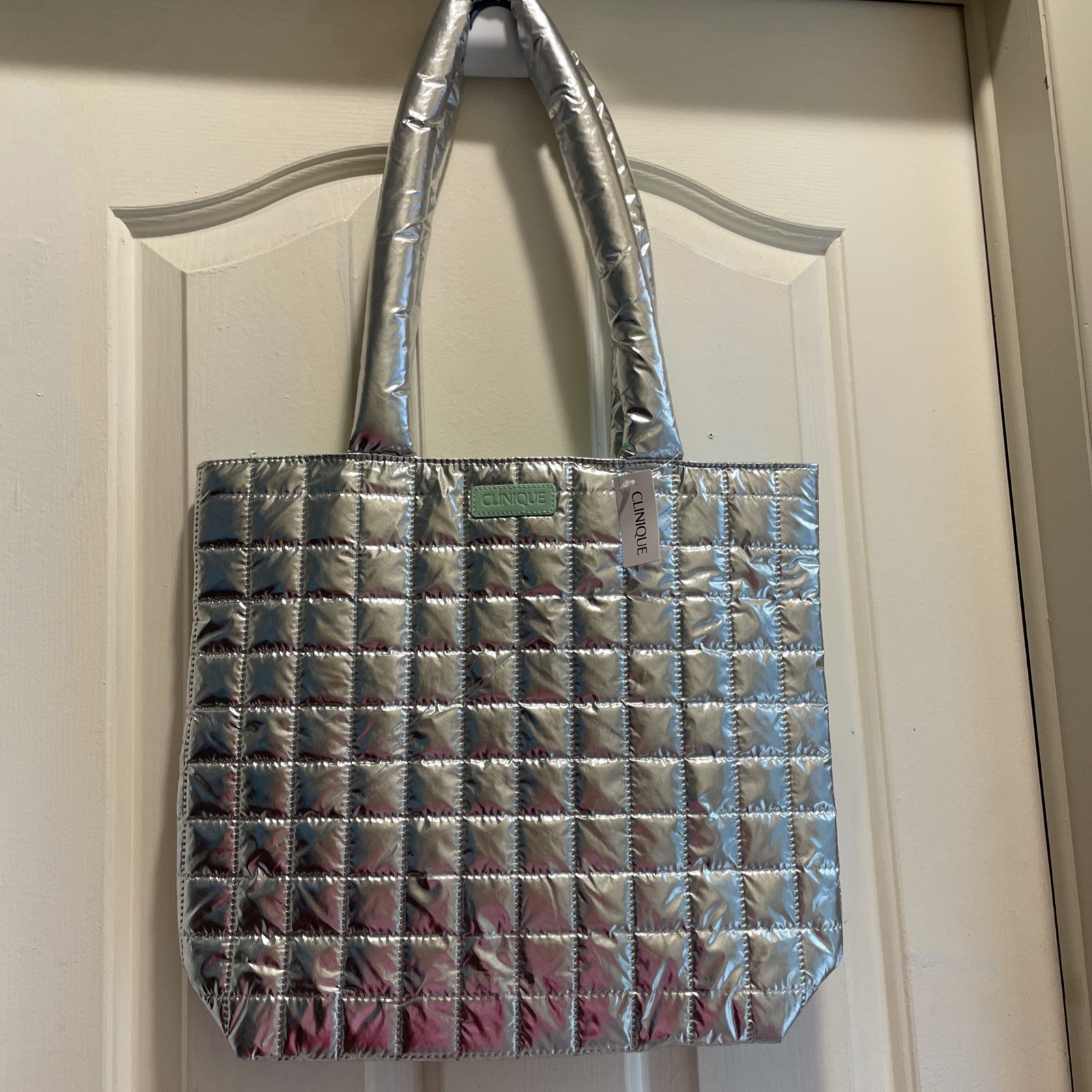 Clinique Shopping Puffy Silver Tote Bag New