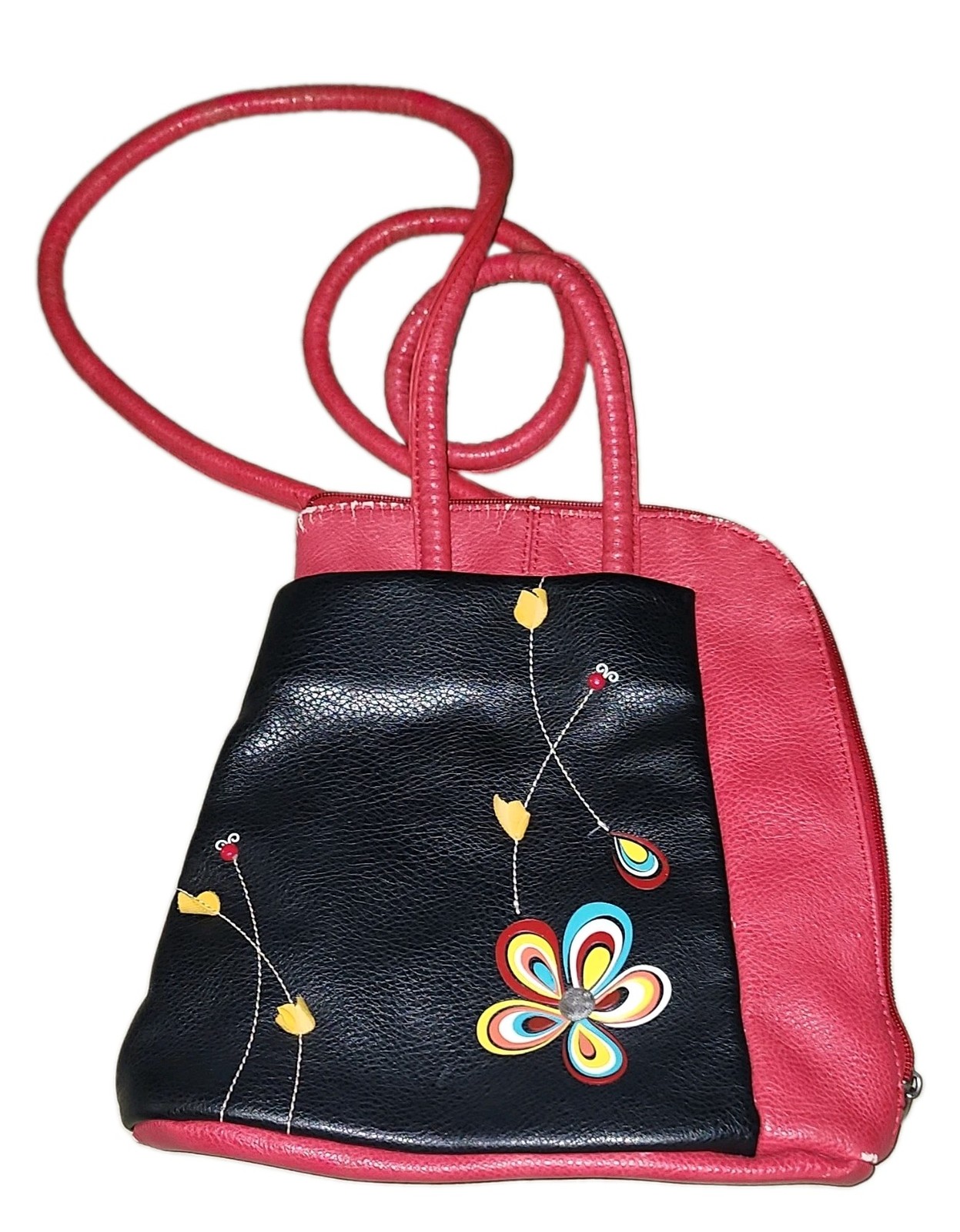 Espe Red/Black Shoulder Backpack Purse Zip Closure Silver Hardware Floral