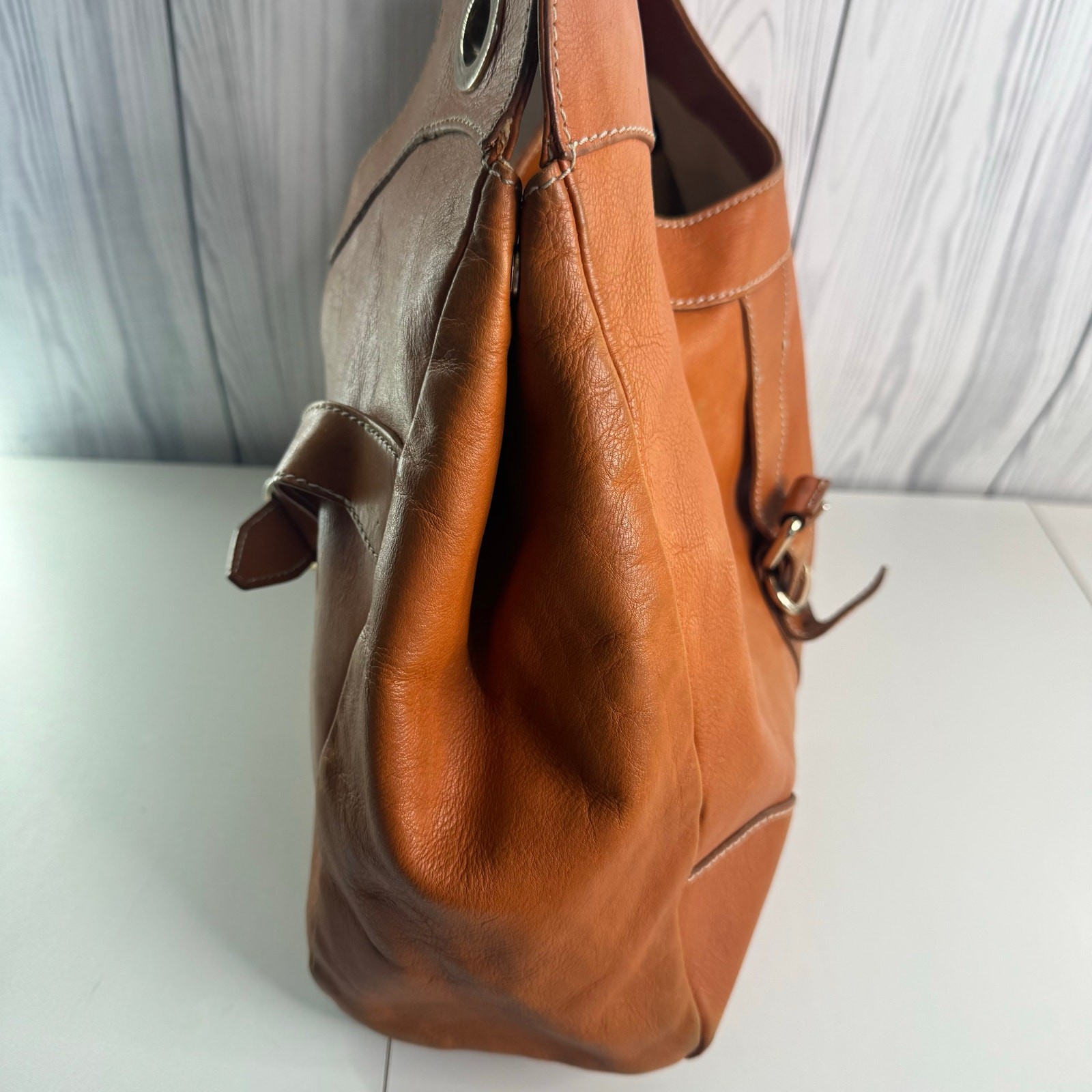 Foley & Corinna Jet Setter Large Top Handle Purse Camel Brown Leather Flaws