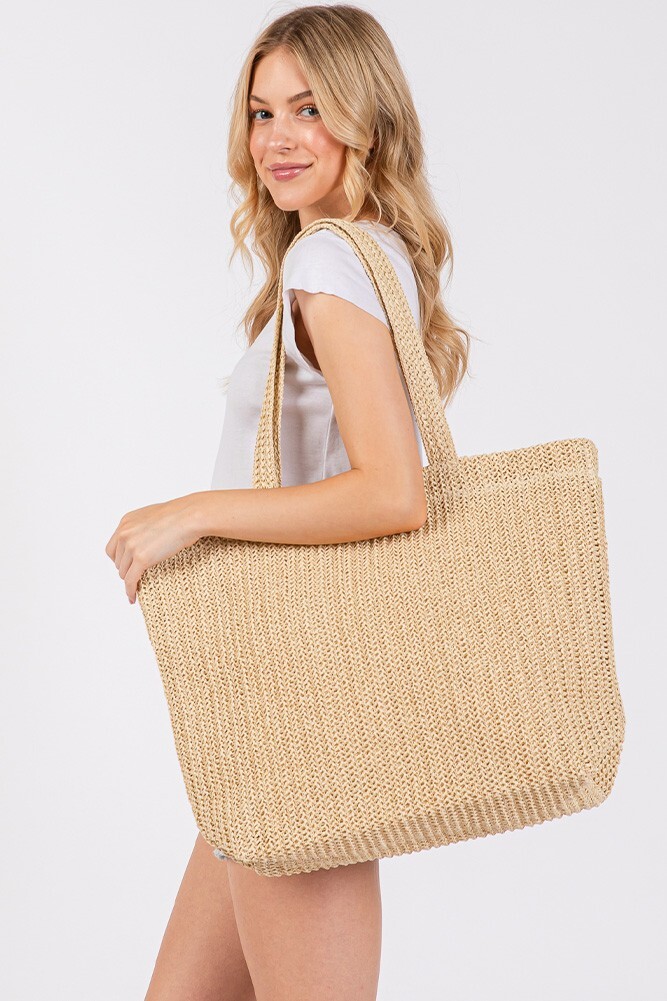 Anthropologie Style ASolid Color Crochet Summer Straw Tote Bag Beach Bag