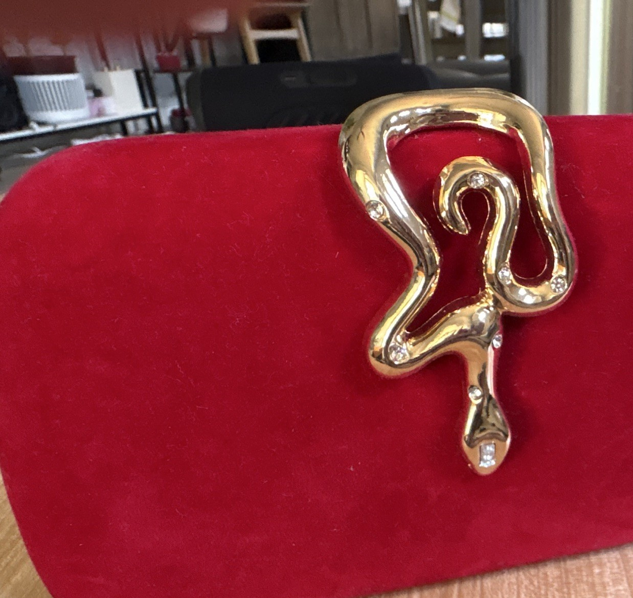Red Velvet Clutch Bag, Gold-Tone Metal Accent Clasp, Solid Rectangle, Women