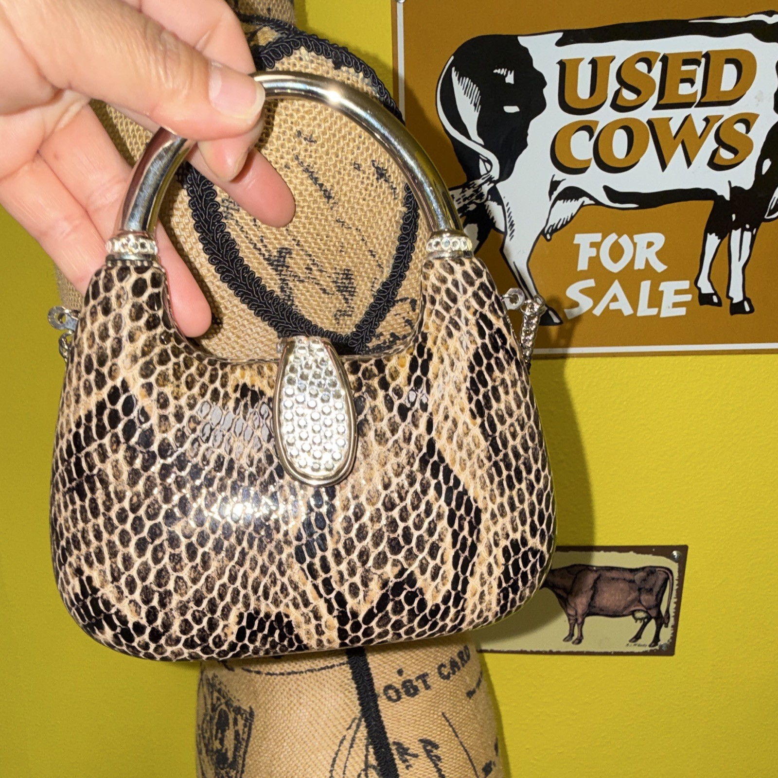 Brown Black Snake Print Mini Handbag Silver Top Handle Chain Strap Rhinestone