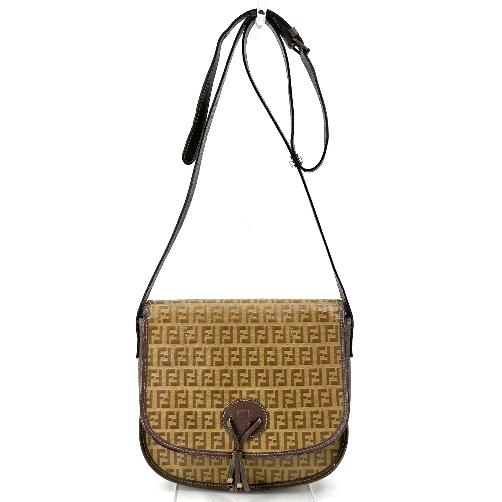Fendi Zucca Shoulder Bag Tassel Accent Leather Brown