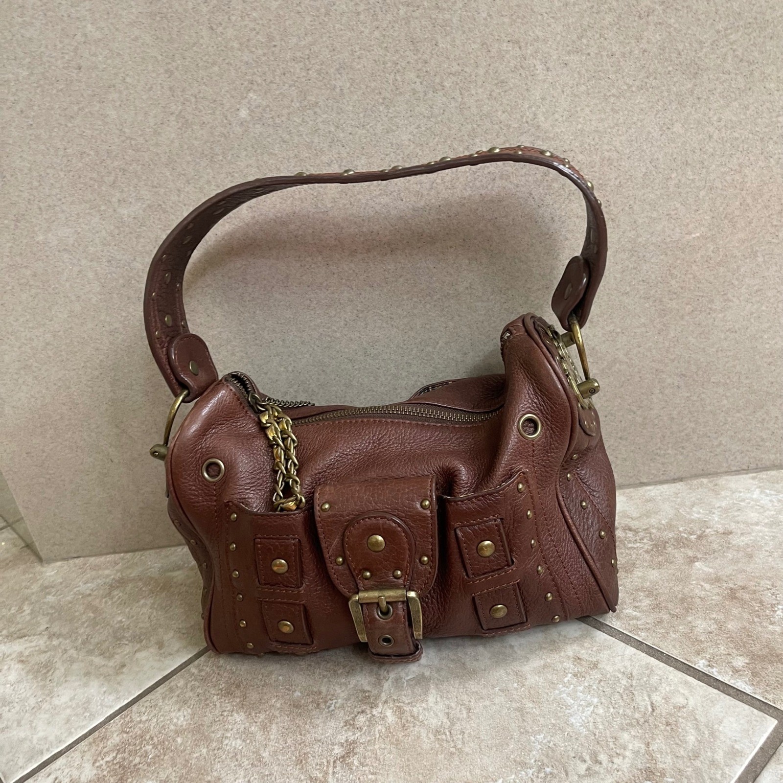 Betsey Johnson Brown Pebbled Leather Studded Shoulder Bag Brass Hardware Vintage