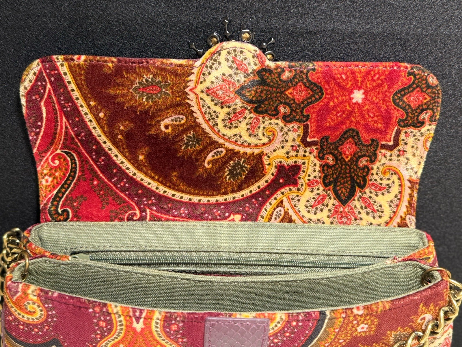 Vintage Isabella Fiore Paisley Velvet Flap Bag Purple Snakeskin Studs Rhinestone