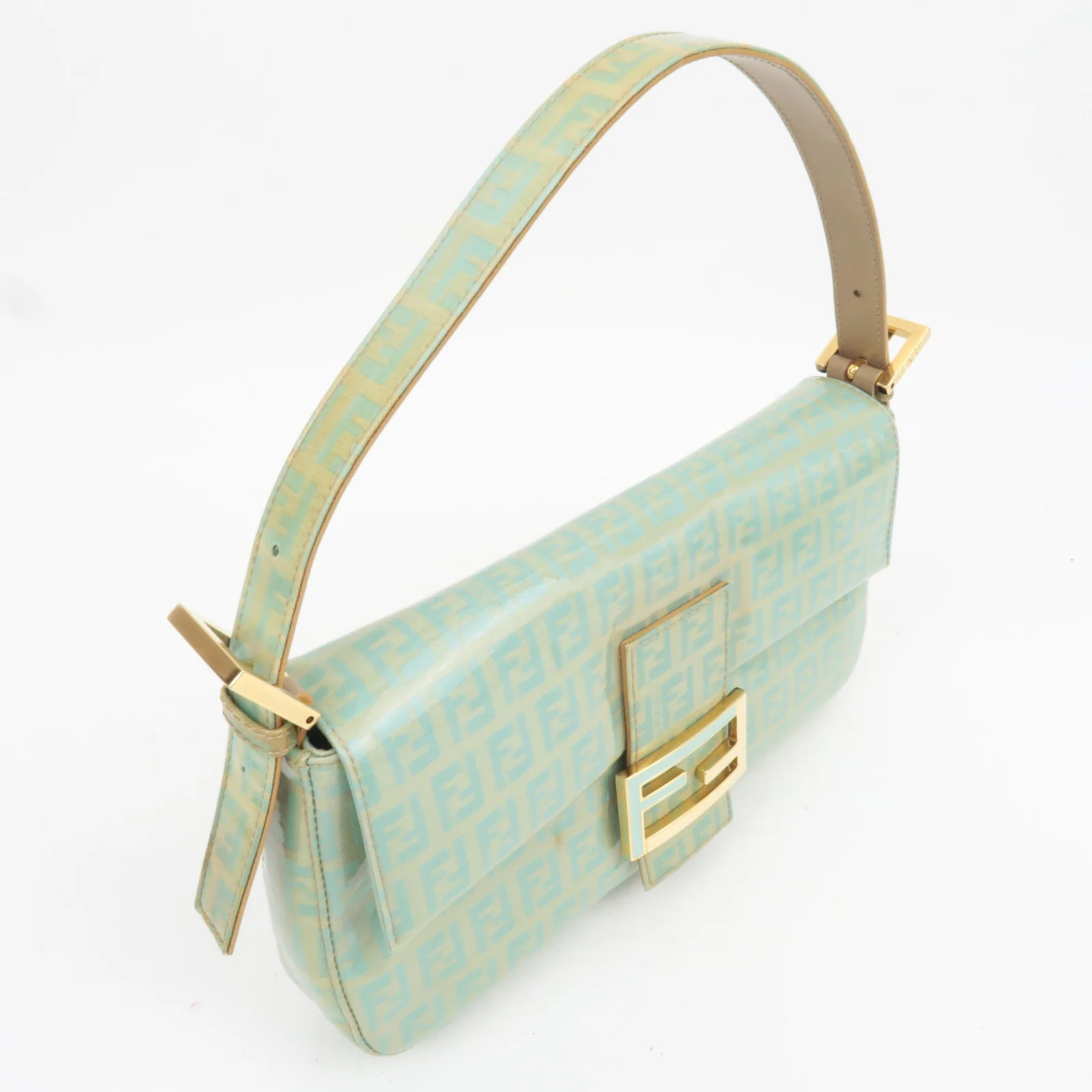 FENDI Zucchino Mamma Baguette Vinyl Leather Shoulder Bag Light Blue 26424 Auth