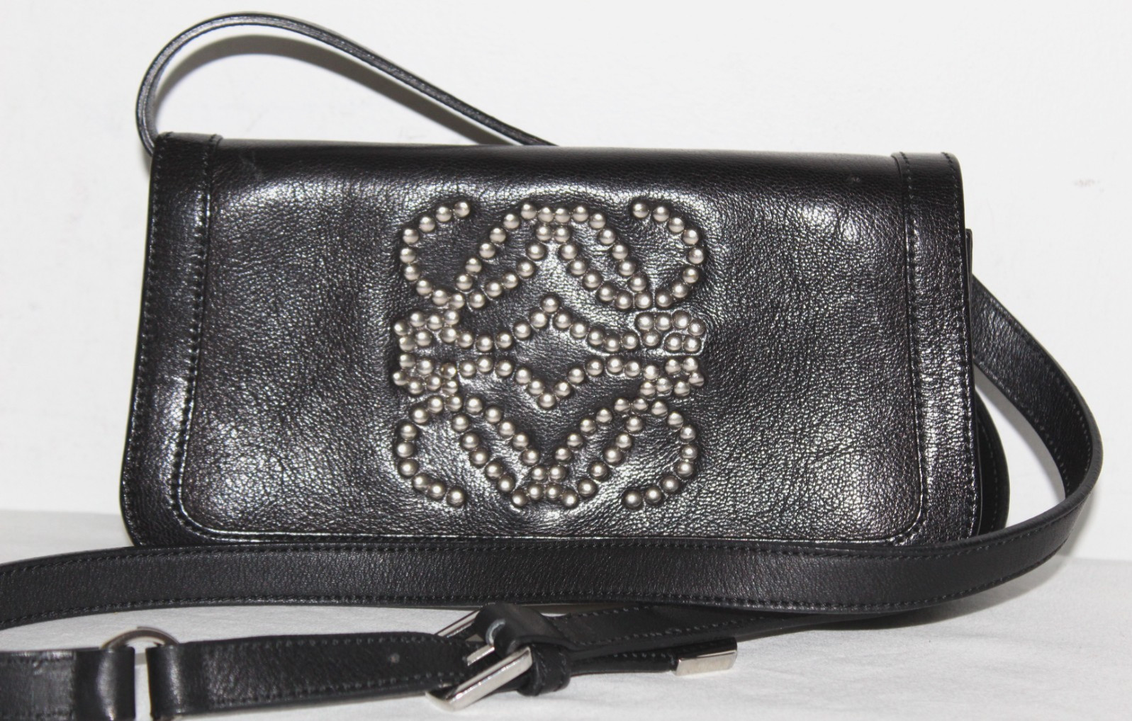Loewe Anagram Studs Logo Small Shoulder Bag Crossbody Handbag Black Leather