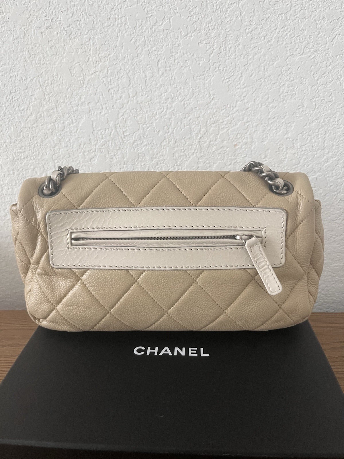 CHANEL Beige Gray Quilted Classic Flap Bag Silver Hardware