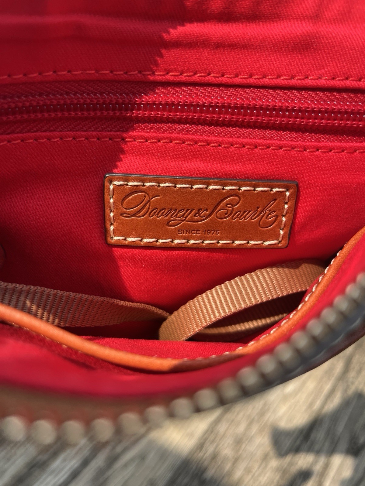 Dooney & Bourke Small Gray Crossbody Bag Brown Trim Red Lining Gold Hardware