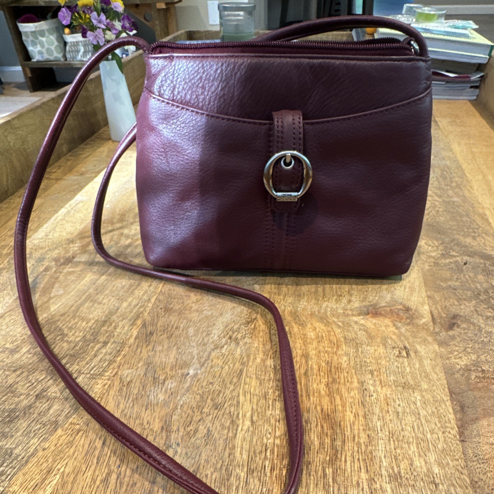 Stone Mountain Burgundy Red Leather Crossbody Silver Ring Buckle Accent Purse