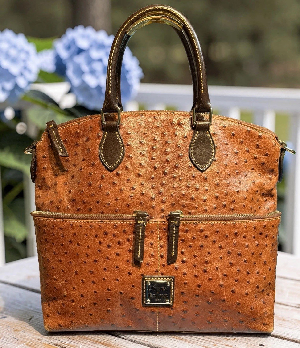 Dooney Bourke Chestnut Brown Ostrich Embossed Leather Front Pocket Satchel Tote