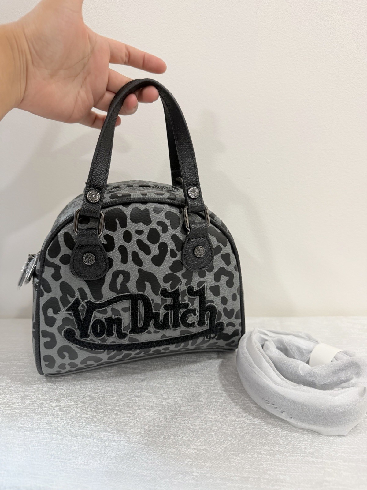 NWT Von Dutch Grey Leopard Print Mini Satchel Crossbody Bag Y2K