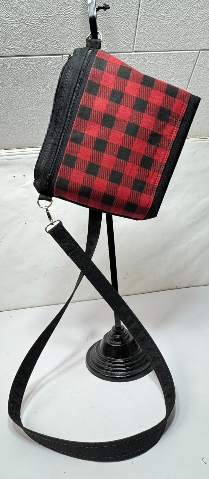 Red / Black Buffalo Check Handmade Adjustable Strap 2 Outside Pockets Lined