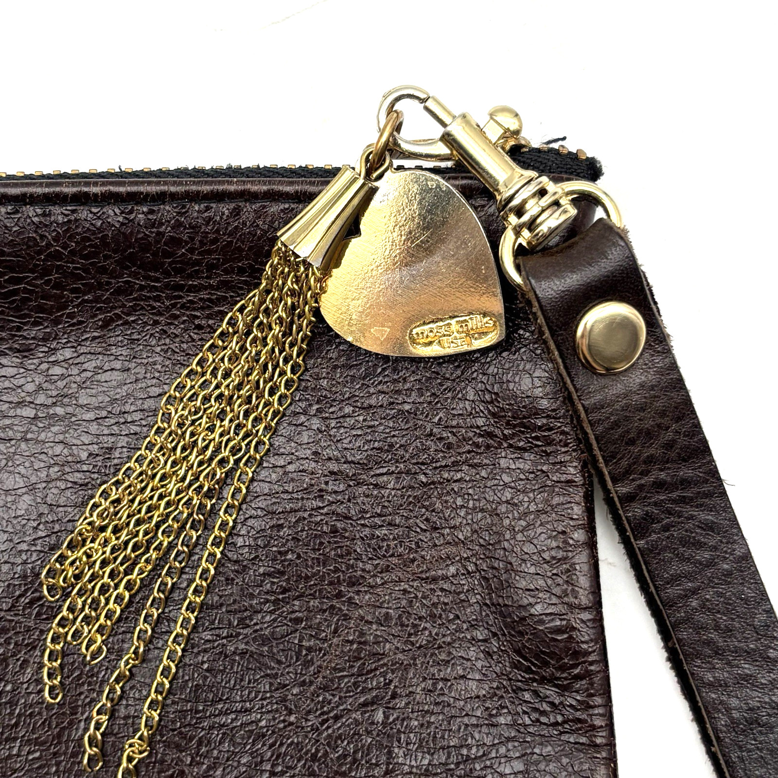 Vintage 90s Moss Mills USA Brown Genuine Leather Bag Charm Zip Wristlet 10×5.5″