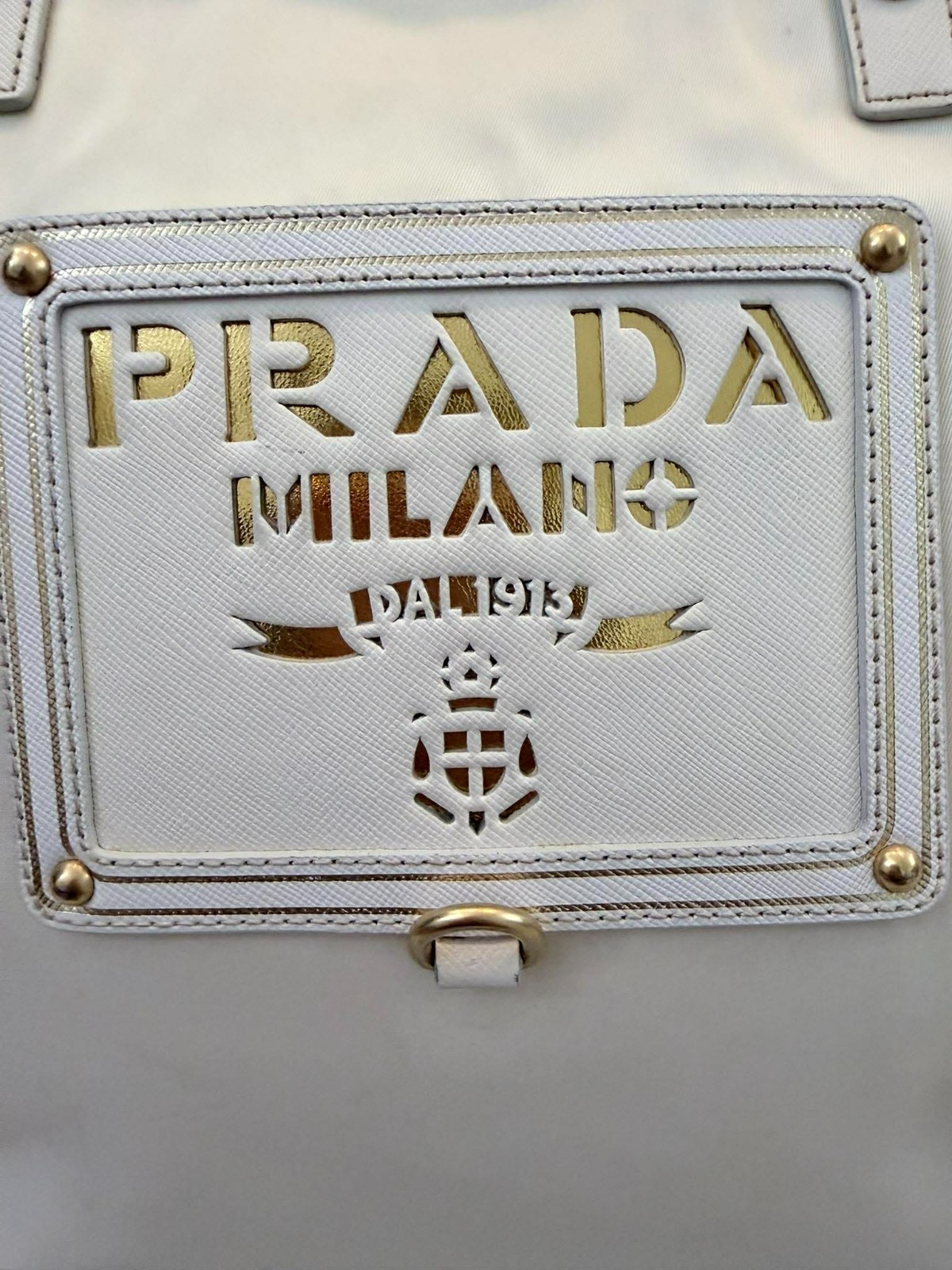 PRADA Tessuto Nylon Logo Tote Bag White Saffiano Leather Trim Shoulder AUTHENTIC