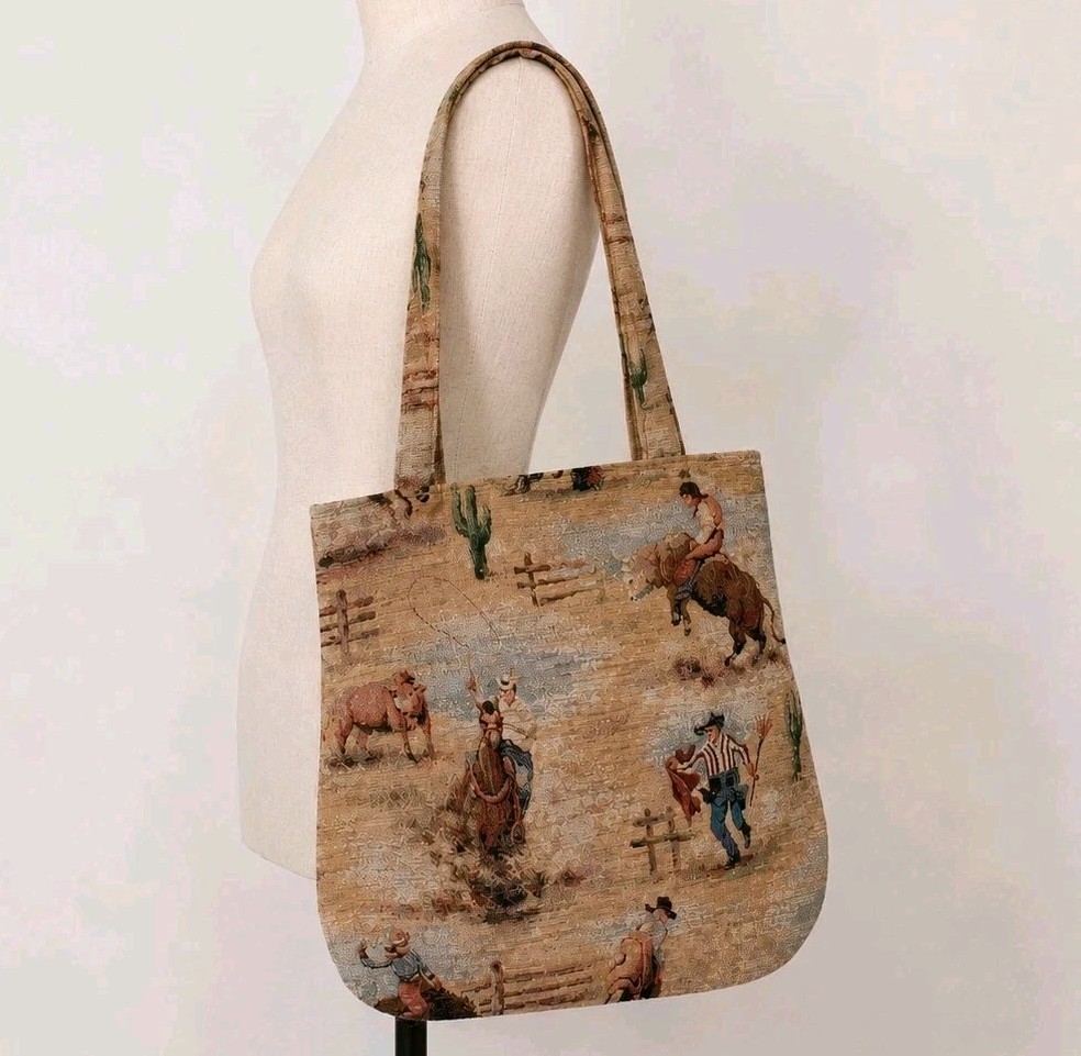 Vintage Western Rodeo Tapestry Tote Purse Cowboy Horse Ranch Southwestern Bag