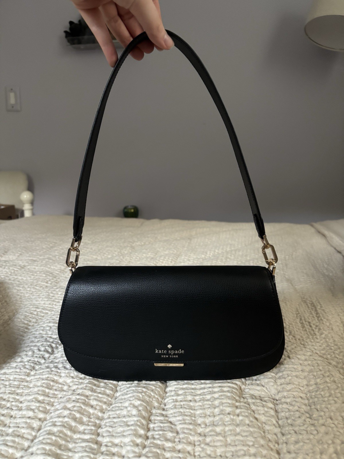 Kate Spade Quinn Medium Flap Shoulder Bag Black Leather New