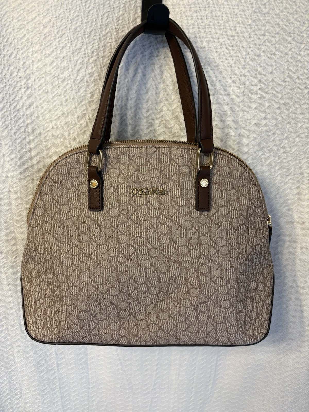 Calvin Klein Monogram Zip Satchel Top Handle Bag Beige/Brown Gold Hardware
