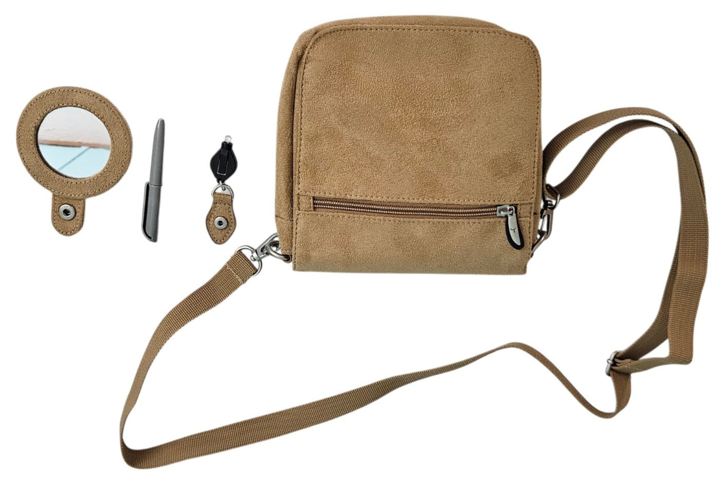Travelon Crossbody Bag Travel Organizer Microsuede Passport Wallet Mirror Tan