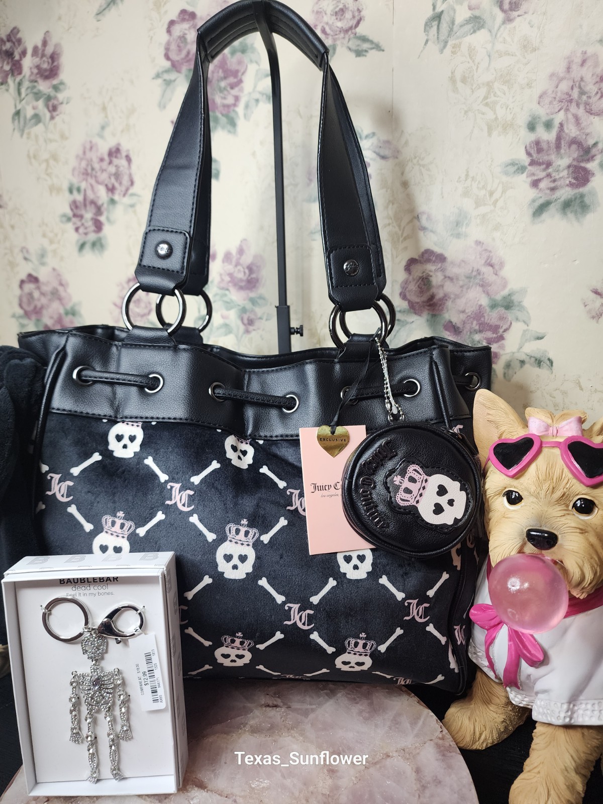 Juicy Couture HAUNTED COUTURE BLACK SKULL DAYDREAMER TOTE BAG Charm Included 💀