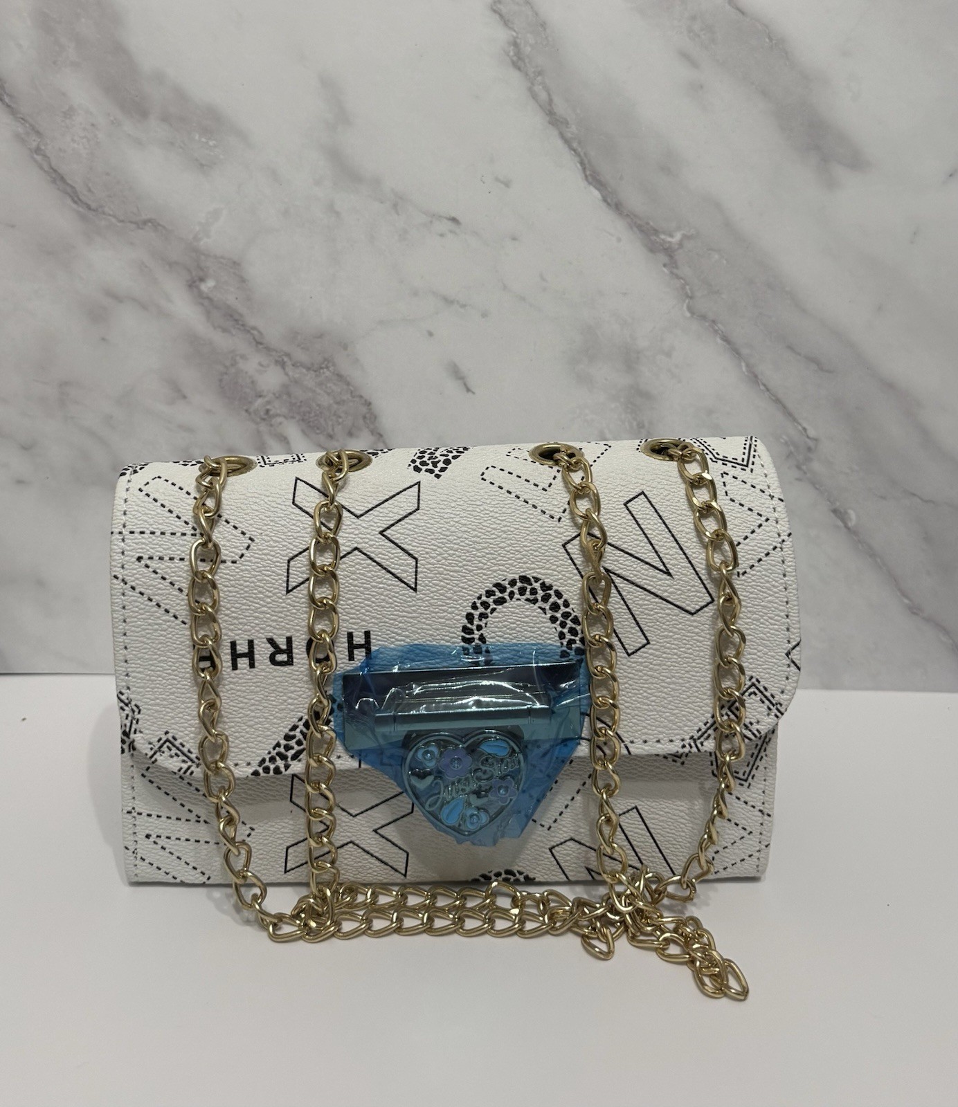 Women’s White/Black Letter Rectangle Crossbody Bag, Gold Chain, Turn Lock
