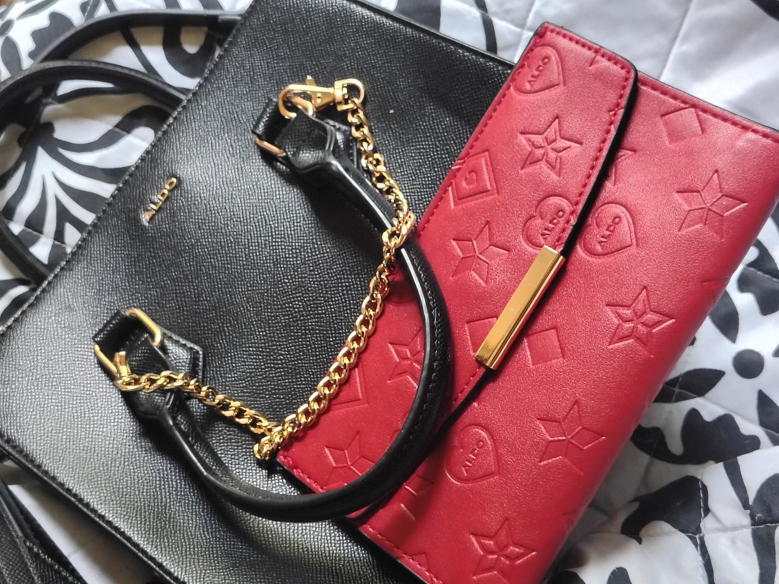 Black & Red Satchel Top Handle Bag Zip Gold Chain Detachable Strap + Wallet